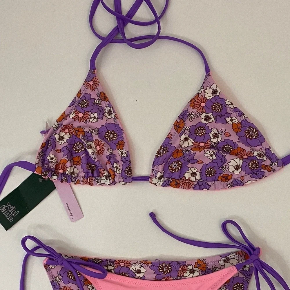 Wild Fable Reversible Floral Bikini Set XS Purple Pink Triangle Top Tie Bottoms